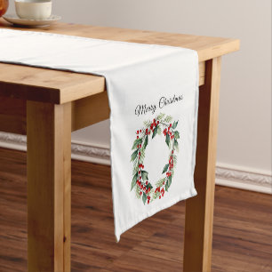 Festive Green Wreath, Red Berries Merry Christmas Short Table Runner