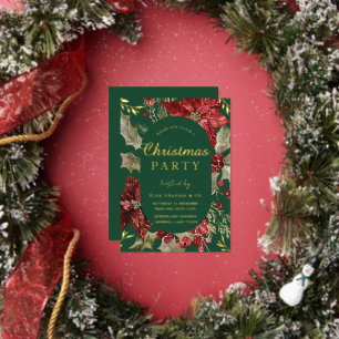 Festive Green Xmas Floral Christmas Party Gold Foil Invitation