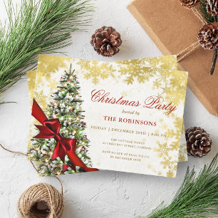 Festive Green Xmas Pine Tree, Gold & Red Ribbon Invitation
