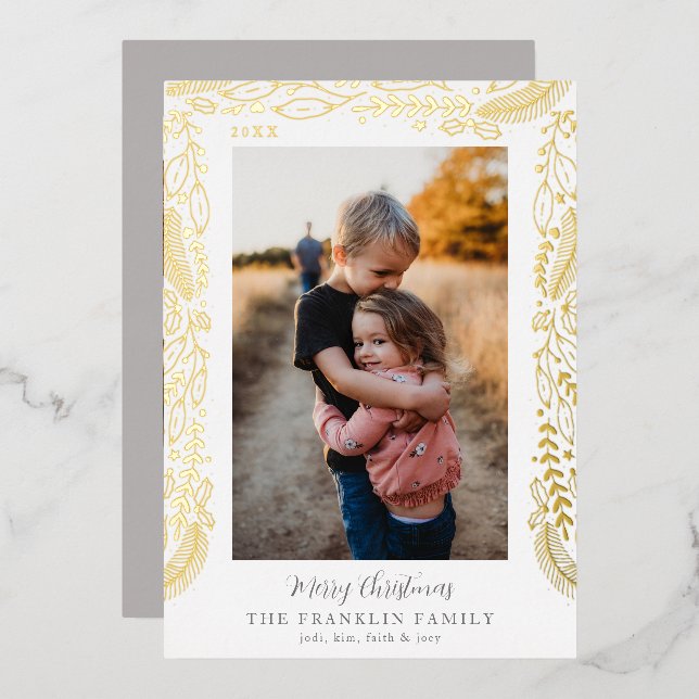 Festive Greenery Border Photo Foil Holiday Card (Front/Back)
