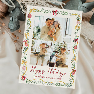 Festive Greenery & Bows Happy Holidays 3 Photo Holiday Card