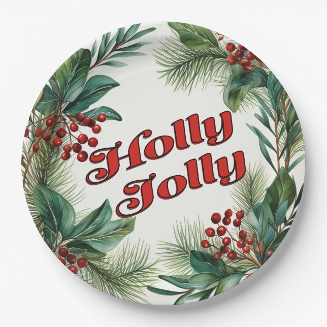 Festive Greenery Christmas Script  Paper Plates (Front)