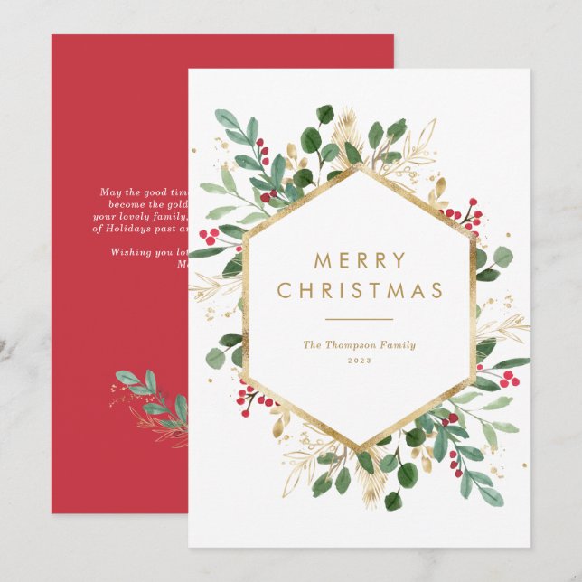 Festive Greenery Gold Foil Frame Merry Christmas Holiday Card (Front/Back)