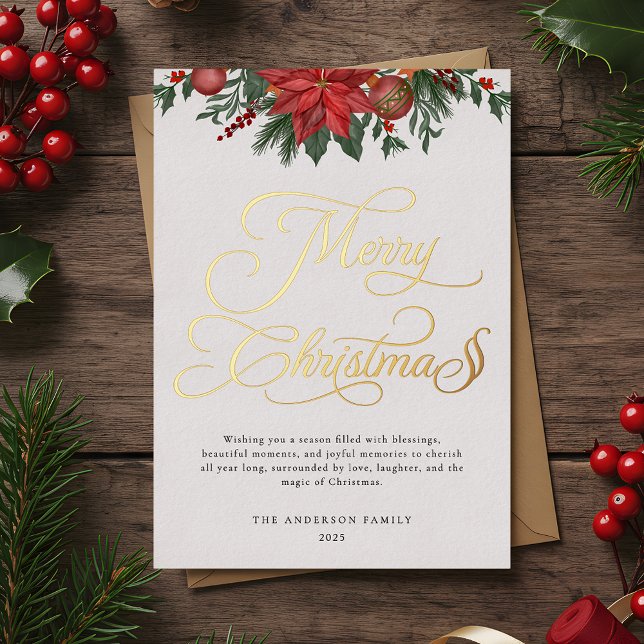 Festive Greenery Golden Script Merry Christmas Foil Holiday Card (Creator Uploaded)