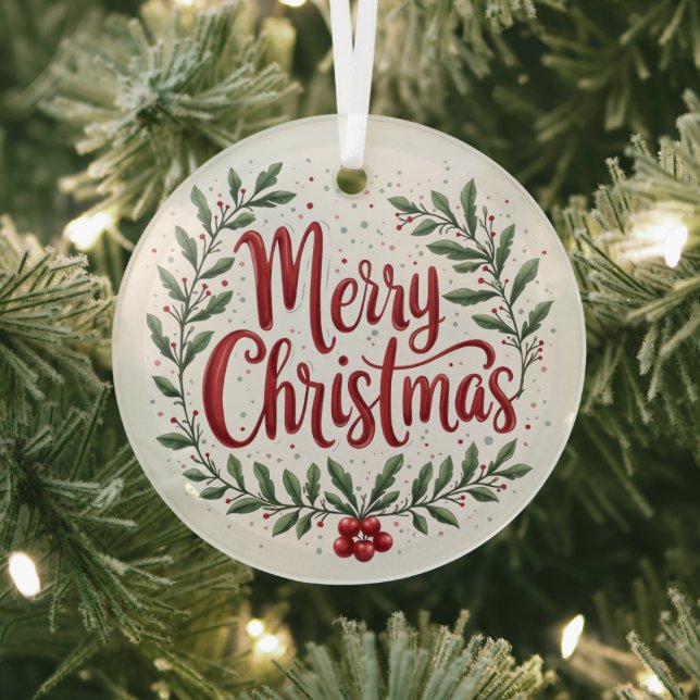 Festive Greenery & Holly Berries Merry Christmas Glass Ornament (Insitu)