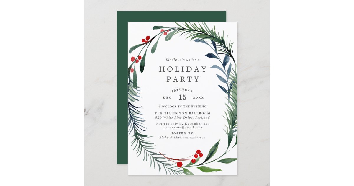 Festive Greenery & Holly Berries Wreath Holiday Invitation | Zazzle