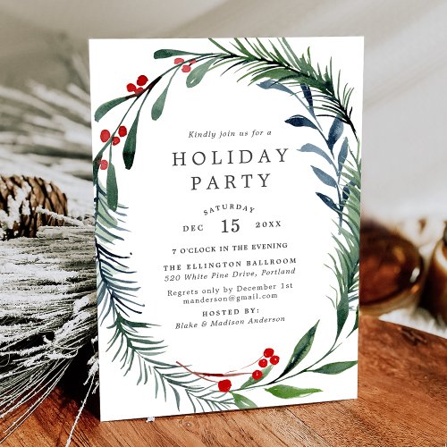 Festive Greenery  Holly Berries Wreath Holiday Invitation