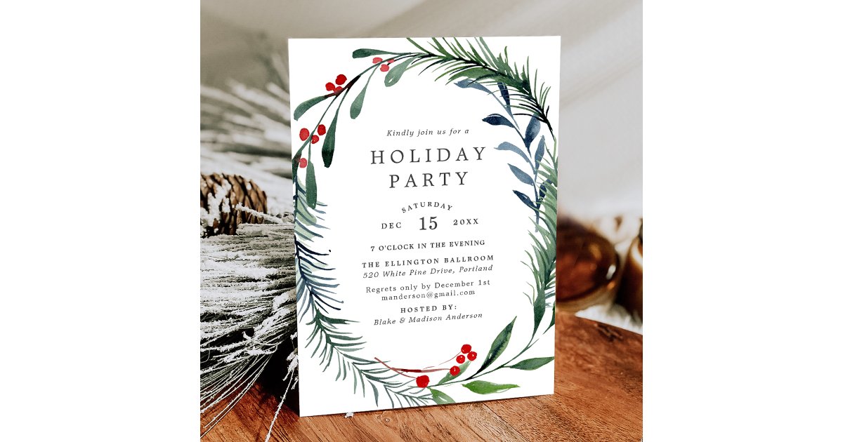 Festive Greenery & Holly Berries Wreath Holiday Invitation | Zazzle