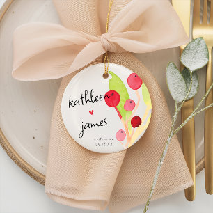 Festive Greenery Names Wedding Ceramic Ornament