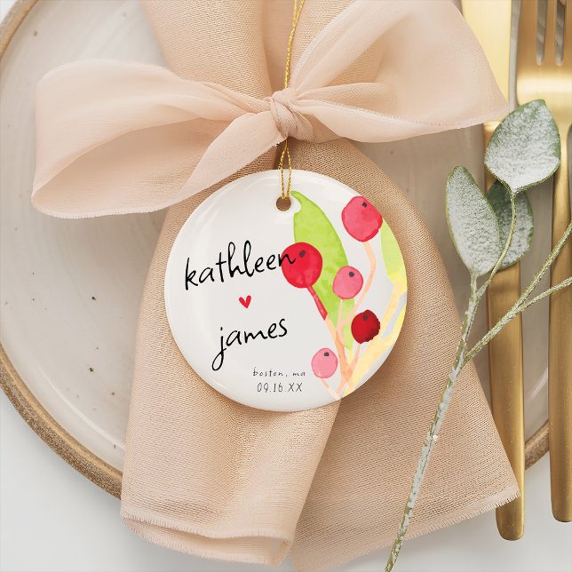 Festive Greenery Names Wedding Ceramic Ornament (Festive Christmas Watercolor Red and Green Greenery Whimsical Names Wedding Ceramic Ornament)
