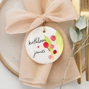 Festive Greenery Names Wedding Ceramic Ornament