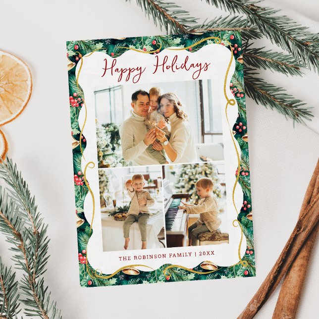 Festive Greenery Pattern Happy Holidays 3 Photo Holiday Card (Creator Uploaded)