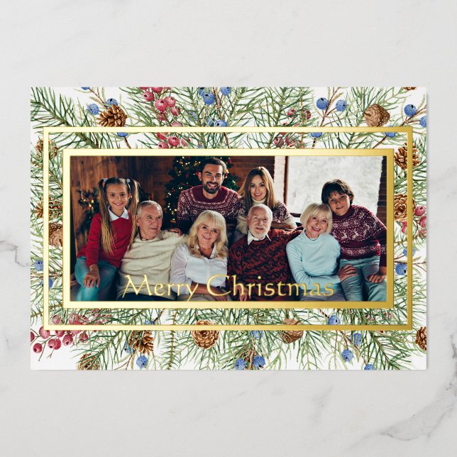 Festive greenery photo frame custom Christmas Holi Foil Holiday Card (Front)