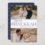 Festive Greeting | 2 Photo Joyous Hanukkah Holiday Card<br><div class="desc">Our festive and elegant Hanukkah card design is the perfect way to show off two of your favorite family photos. Design features "Joyous Hanukkah" in vibrant navy blue serif typography and hand lettered script,  along with your family name. Cards reverse to a white star pattern.</div>