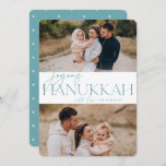 Festive Greeting | 2 Photo Joyous Hanukkah Holiday Card<br><div class="desc">Our festive and elegant Hanukkah card design is the perfect way to show off two of your favorite family photos. Design features "Joyous Hanukkah" in soft teal serif typography and hand lettered script,  along with your family name. Cards reverse to a white star pattern.</div>