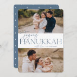 Festive Greeting | 2 Photo Joyous Hanukkah Holiday Card<br><div class="desc">Our festive and elegant Hanukkah card design is the perfect way to show off two of your favorite family photos. Design features "Joyous Hanukkah" in dusty slate blue serif typography and hand lettered script,  along with your family name. Cards reverse to a white star pattern.</div>