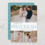 Festive Greeting | 3 Photo Joyous Hanukkah Holiday Card<br><div class="desc">Our festive and elegant Hanukkah card design is the perfect way to show off three of your favorite family photos. Design features "Joyous Hanukkah" in elegant dusty aqua serif typography and hand lettered script,  with your family name. Cards reverse to a white star pattern.</div>