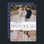 Festive Greeting | 3 Photo Joyous Hanukkah Holiday Card<br><div class="desc">Our festive and elegant Hanukkah card design is the perfect way to show off three of your favorite family photos. Design features "Joyous Hanukkah" in elegant navy blue serif typography and hand lettered script,  with your family name. Cards reverse to a white star pattern.</div>