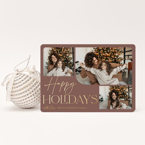 Festive Greeting  Happy Holidays 3 Photo Foil Holiday Card