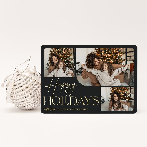 Festive Greeting  Happy Holidays 3 Photo Foil Holiday Card