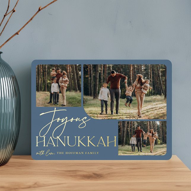Festive Greeting | Joyous Hanukkah 3 Photo Collage Foil Holiday Card (Creator Uploaded)