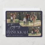 Festive Greeting | Joyous Hanukkah 3 Photo Holiday Card<br><div class="desc">Our festive and elegant Hanukkah card design is the perfect way to show off three of your favorite family photos. Horizontal or landscape oriented design features "Joyous Hanukkah" in white typography and hand lettered script,  with your family name beneath on a midnight blue background.</div>