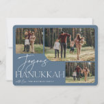 Festive Greeting | Joyous Hanukkah 3 Photo Holiday Card<br><div class="desc">Our festive and elegant Hanukkah card design is the perfect way to show off three of your favorite family photos. Horizontal or landscape oriented design features "Joyous Hanukkah" in white typography and hand lettered script,  with your family name beneath on a dusty slate blue background.</div>