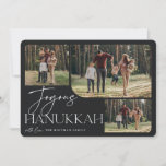 Festive Greeting | Joyous Hanukkah 3 Photo Holiday Card<br><div class="desc">Our festive and elegant Hanukkah card design is the perfect way to show off three of your favorite family photos. Horizontal or landscape oriented design features "Joyous Hanukkah" in white typography and hand lettered script,  with your family name beneath on a black background.</div>