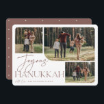 Festive Greeting | Joyous Hanukkah 3 Photo Holiday Card<br><div class="desc">Our festive and elegant Hanukkah card design is the perfect way to show off three of your favorite family photos. Horizontal or landscape oriented design features "Joyous Hanukkah" in neutral earth tone terracotta typography and hand lettered script,  with your family name beneath on a white background.</div>
