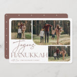 Festive Greeting | Joyous Hanukkah 3 Photo Holiday Card<br><div class="desc">Our festive and elegant Hanukkah card design is the perfect way to show off three of your favorite family photos. Horizontal or landscape oriented design features "Joyous Hanukkah" in neutral earth tone terracotta typography and hand lettered script,  with your family name beneath on a white background.</div>