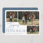 Festive Greeting | Joyous Hanukkah 3 Photo Holiday Card<br><div class="desc">Our festive and elegant Hanukkah card design is the perfect way to show off three of your favorite family photos. Horizontal or landscape oriented design features "Joyous Hanukkah" in dusty slate blue terracotta typography and hand lettered script,  with your family name beneath on a white background.</div>