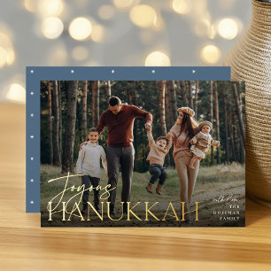Festive Greeting Joyous Hanukkah Horizontal Photo Foil Holiday Card