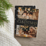 Festive Greeting | Merriest Christmas 2 Photo Foil Holiday Card<br><div class="desc">Our festive and elegant holiday card design is the perfect way to show off two of your favorite family photos. Design features "Merriest Christmas" in shining gold foil typography and hand lettered script,  with your family name. Cards reverse to a white winter snowflake pattern.</div>
