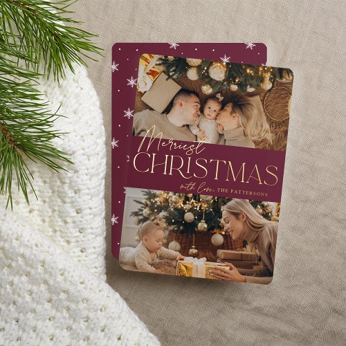 Festive Greeting  Merriest Christmas 2 Photo Foil Holiday Card