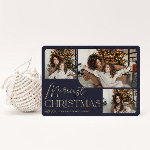 Festive Greeting   Merriest Christmas 3 Photo Foil Holiday Card