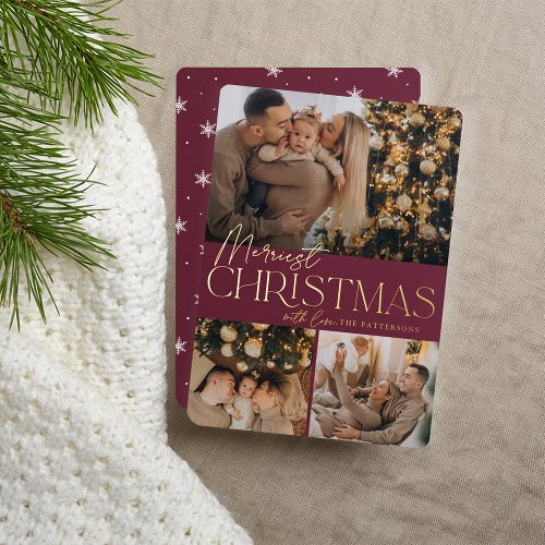 Festive Greeting  Merriest Christmas 3 Photo Foil Holiday Card