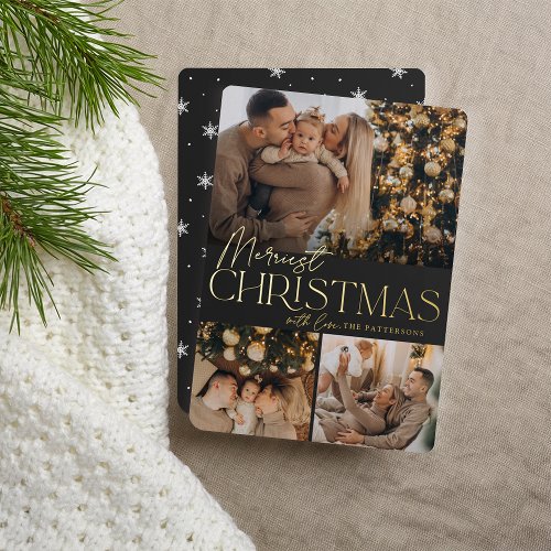 Festive Greeting  Merriest Christmas 3 Photo Foil Holiday Card