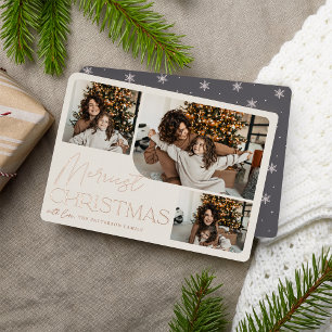 Festive Greeting Merriest Christmas 3 Photo Foil Holiday Card