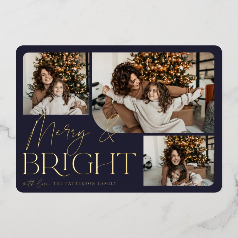 Festive Greeting | Merry &amp; Bright 3 Photo Foil Holiday Card