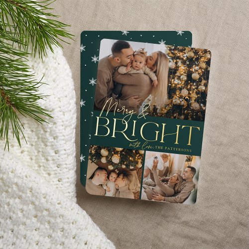 Festive Greeting  Merry  Bright 3 Photo Foil Holiday Card