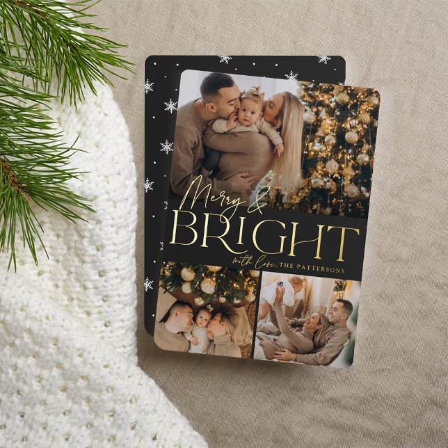 Festive Greeting | Merry & Bright 3 Photo Foil Holiday Card (Creator Uploaded)