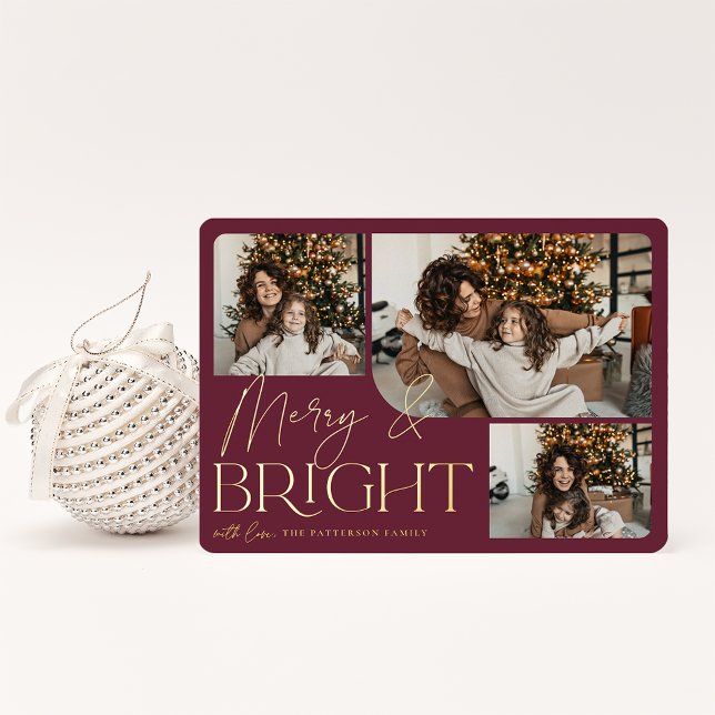 Festive Greeting | Merry & Bright 3 Photo Foil Holiday Card (Creator Uploaded)