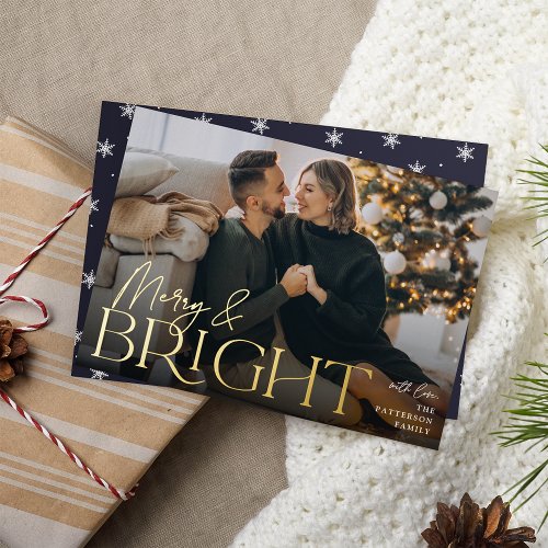 Festive Greeting  Merry  Bright Horizontal Photo Foil Holiday Card