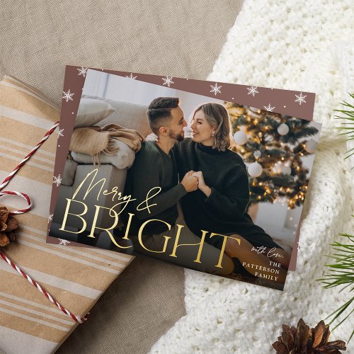 Festive Greeting  Merry  Bright Horizontal Photo Foil Holiday Card