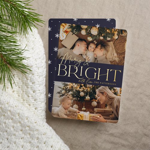 Festive Greeting  Merry  Bright Two Photo Foil Holiday Card