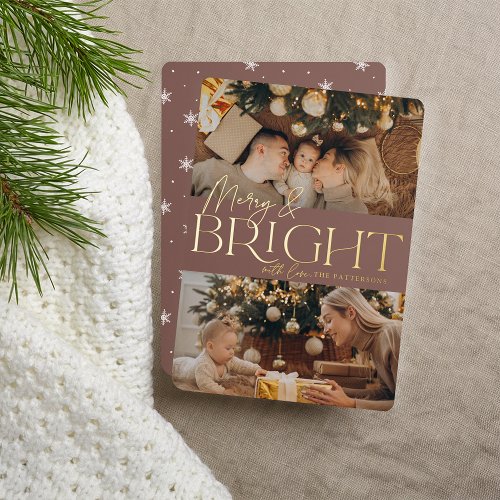 Festive Greeting  Merry  Bright Two Photo Foil Holiday Card