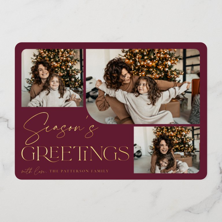 Festive Greeting | Season&#39;s Greetings 3 Photo Foil Holiday Card