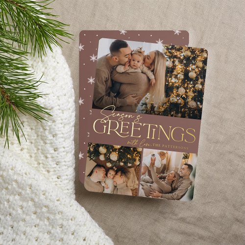 Festive Greeting  Seasons Greetings 3 Photo Foil Holiday Card