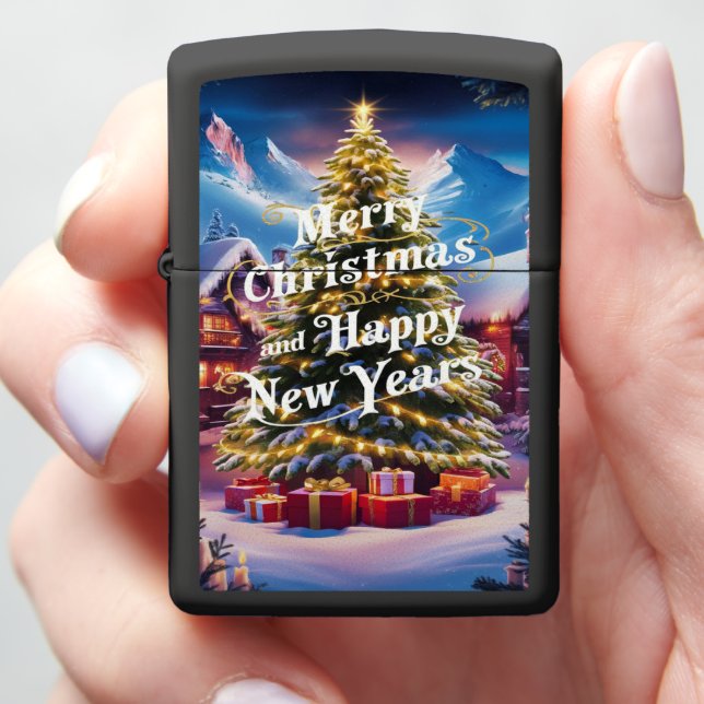 Festive Greetings: Christmas Tree and Gifts  Zippo Lighter (In Hand)