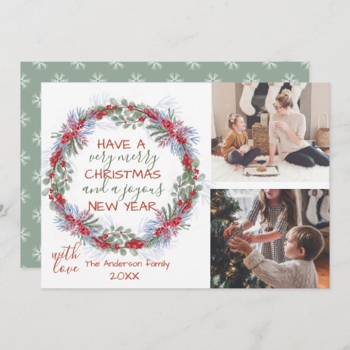 Festive Greetings Merry Christmas Wreath 2 Photo Holiday Card